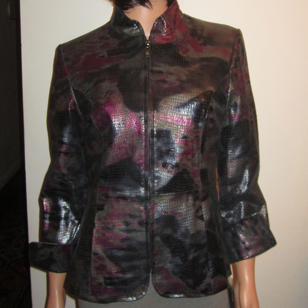 NWT  Leather Jacket Snakeskin Texture Black Silver Magenta Zip Up
